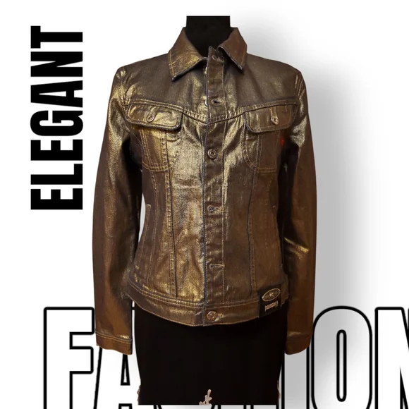 PARASUCO Gold Shimmer Denim Jean Jacket Metallic Finish Size Large - Picture 2 of 15
